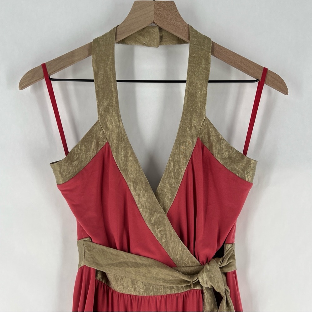 BCBG Paris Y2K Surplice Halter Neck Stretch Jersey Knit‎ Tie Waist Dress Size 6 - Picture 2 of 15